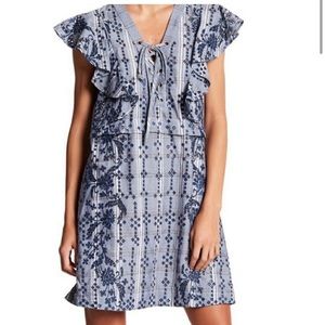 BCBG Max Azria Caralyne Eyelet Dress with Blue Ruffle Flutter Sleeve